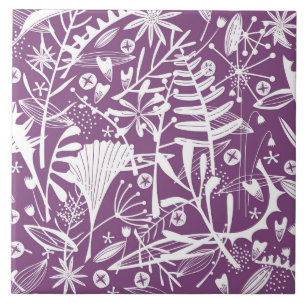 Azulejo De Cerâmica Folhas Botânicas e Flores Roxo
