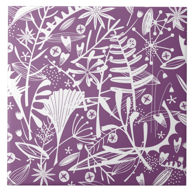 Azulejo De Cerâmica Folhas Botânicas e Flores Roxo (Frente)