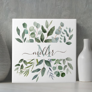 Azulejo De Cerâmica Folhas de Eucalipto Verde Sage Monograma