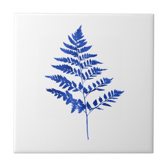 Azulejo De Cerâmica Folhas de Fern da Indígo Azul (Frente)