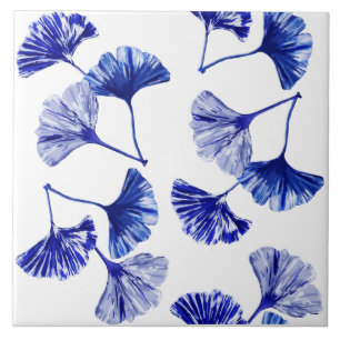 Azulejo De Cerâmica Folhas de gingko azuis e brancas