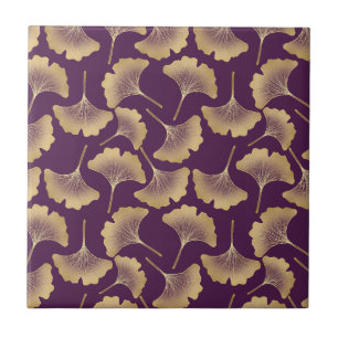 Azulejo De Cerâmica Folhas de Ginkgo Douradas de Luxo em Roxo Fundo (6