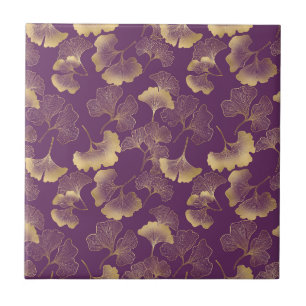 Azulejo De Cerâmica Folhas de Ginkgo Douradas de Luxo em Roxo Fundo (7