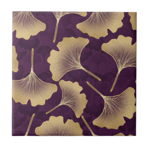 Azulejo De Cerâmica Folhas de Ginkgo Douradas de Luxo em Roxo Profundo