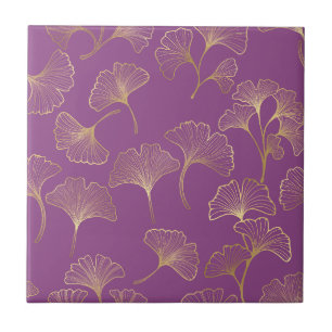 Azulejo De Cerâmica Folhas de Ginkgo Douradas de Luxo em Roxo Profundo