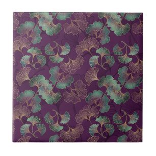 Azulejo De Cerâmica Folhas de Ginkgo Douradas em Padrão Botânico Roxo