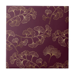 Azulejo De Cerâmica Folhas de Ginkgo Douradas Luxuosas em Burgundy Pro