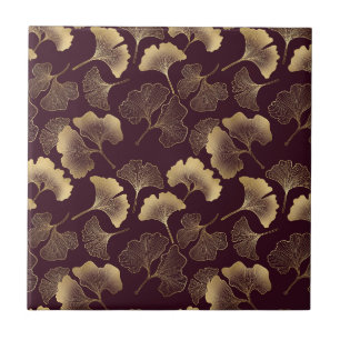 Azulejo De Cerâmica Folhas de Ginkgo Douradas Luxuosas em Burgundy Pro
