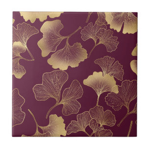 Azulejo De Cerâmica Folhas de Ginkgo Douradas Luxuosas em Burgundy Pro