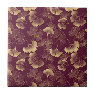 Azulejo De Cerâmica Folhas de Ginkgo Douradas Luxuosas em Burgundy Pro