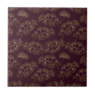 Azulejo De Cerâmica Folhas de Ginkgo Douradas Luxuosas em Burgundy Pro