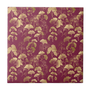Azulejo De Cerâmica Folhas de Ginkgo Douradas Luxuosas em Burgundy Pro