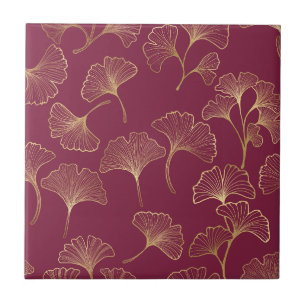Azulejo De Cerâmica Folhas de Ginkgo Douradas Luxuosas em Burgundy Pro