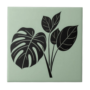 Azulejo De Cerâmica Folhas de Monstera Minimalista Tropical Verde Musg