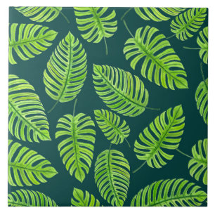 Azulejo De Cerâmica Folhas de Monstera, padrão de aquarela tropical