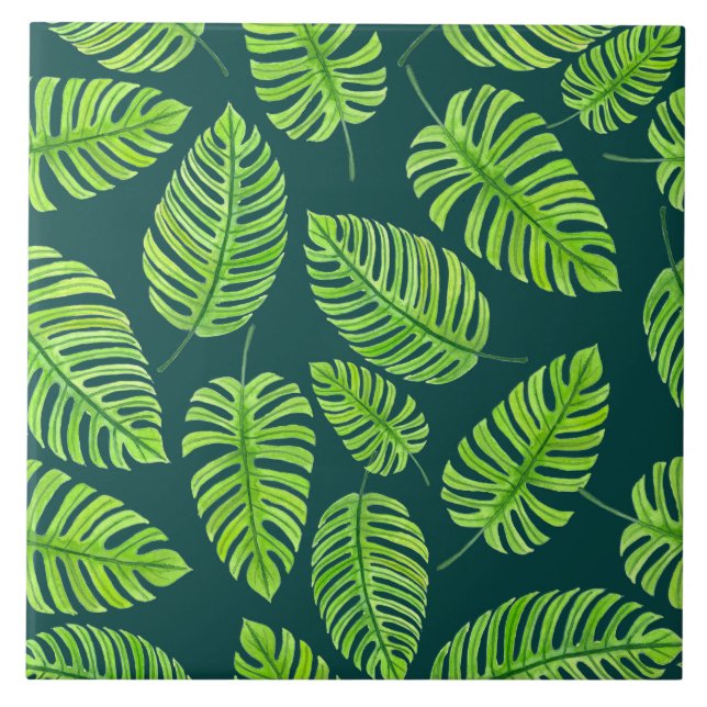 Azulejo De Cerâmica Folhas de Monstera, padrão de aquarela tropical (Frente)