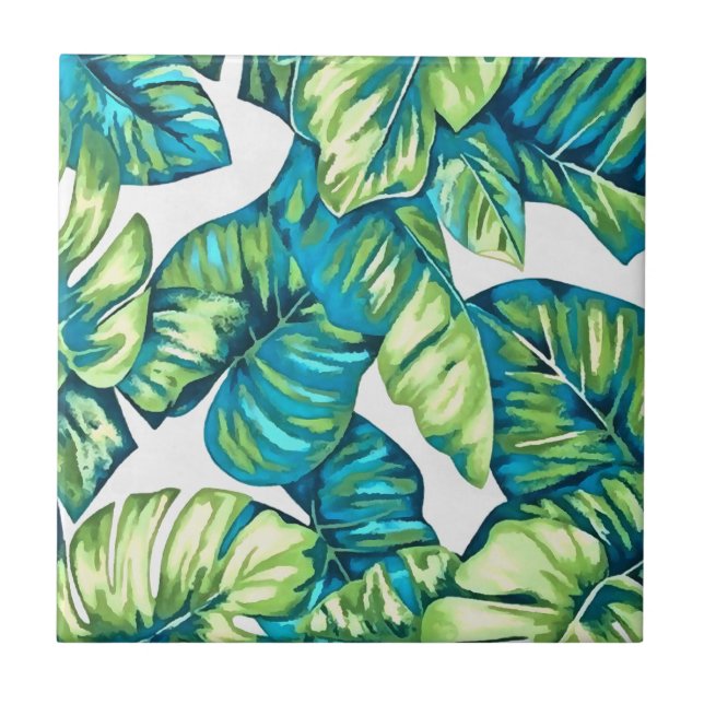 Azulejo De Cerâmica Folhas de Monstera Tropical e Azul-Banana (Frente)