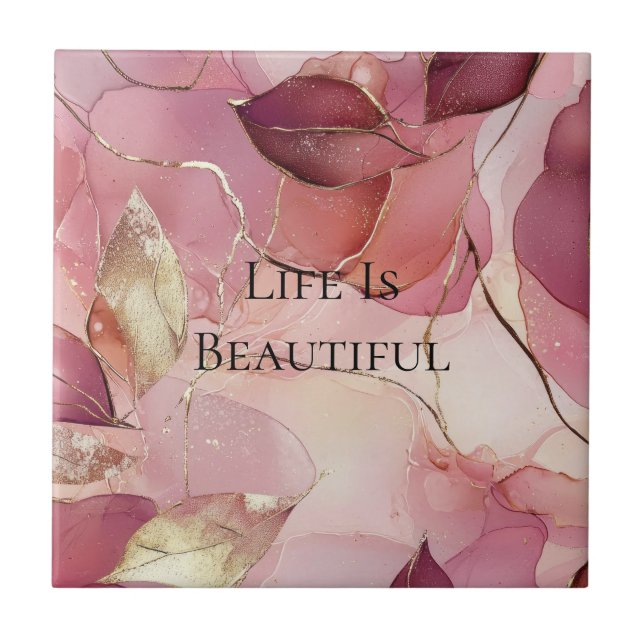 Azulejo De Cerâmica Folhas de Ouro Rosa Bege Borgonha  (Frente)