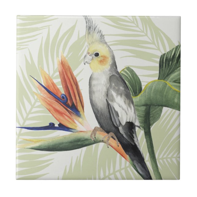 Azulejo De Cerâmica Folhas de Palma com Pássaro Negro (Frente)