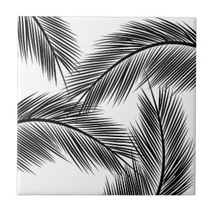 Azulejo De Cerâmica Folhas de palma pretas sobre fundo branco