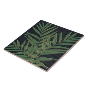 Azulejo De Cerâmica Folhas de Palma Verde Tendência Traços Dourados De