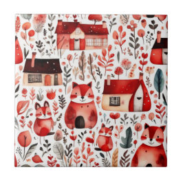 Azulejo De Cerâmica Folhas de papel vermelhas e casas fofas