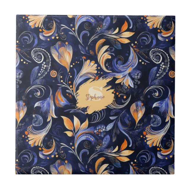 Azulejo De Cerâmica Folhas de salsa Abstrato azuis e Douradas (Frente)