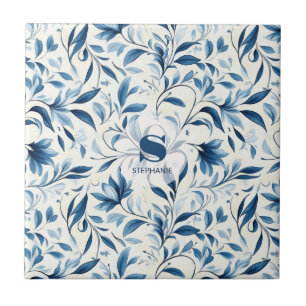 Azulejo De Cerâmica Folhas de salsa azul Elegante - Fundo branco (1)