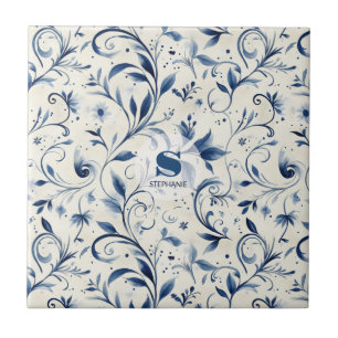 Azulejo De Cerâmica Folhas de salsa azul Elegante - Fundo branco (2)