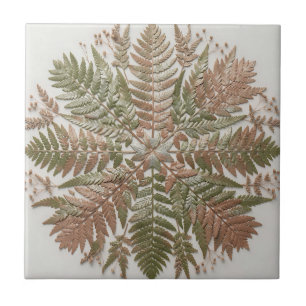 Azulejo De Cerâmica Folhas de samambaia verde cobre prensado botânico