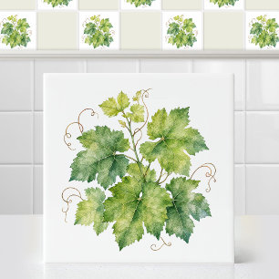 Azulejo De Cerâmica Folhas de Uva Verde em Aquarela Padrão de Folhagem