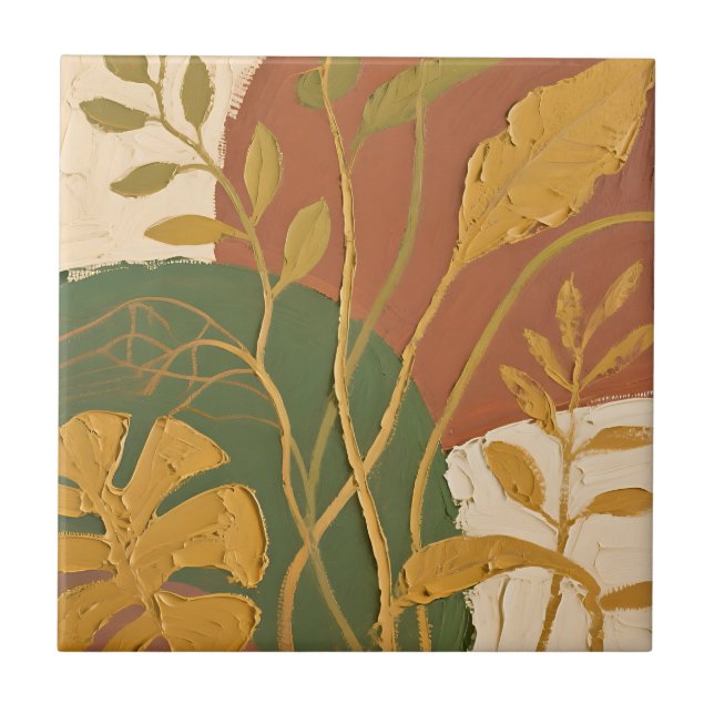 Azulejo De Cerâmica Folhas Douradas Abstrato (Frente)