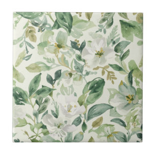 Azulejo De Cerâmica Folhas Florais de Aquarela Verde Botânica Natureza