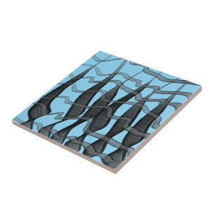 Azulejo De Cerâmica Folhas Florais Emplumadas Abstratas Pretas e Cinza