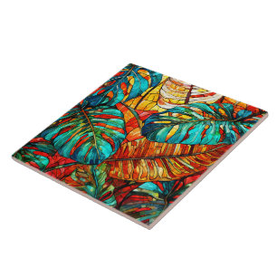 Azulejo De Cerâmica Folhas tropicais Arte de vidro retida