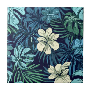 Azulejo De Cerâmica Folhas tropicais e flores verdes azuis