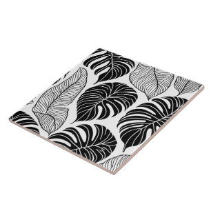 Azulejo De Cerâmica Folhas tropicais modernas, pretas e brancas