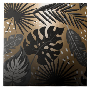 Azulejo De Cerâmica Folhas tropicais pretas e Ouros