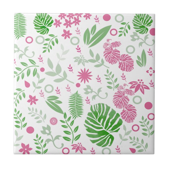 Azulejo De Cerâmica Folhas verdes e rosa e flores (Frente)