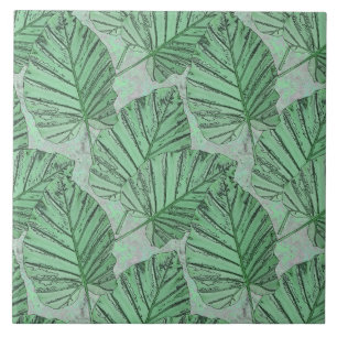 Azulejo De Cerâmica  Folhas verdes em uma pedra cinza.