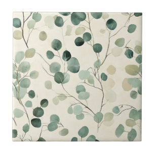 Azulejo De Cerâmica Folhas Verdes Terrosas com Fundo de Outono Creme