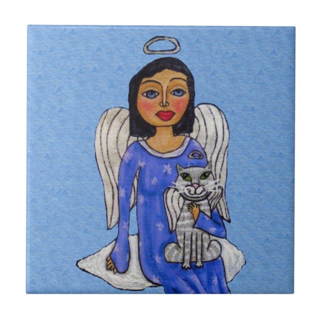Azulejo De Cerâmica Folk Art Angel Olhos Azuis White Angel Cat na Nuve (Frente)