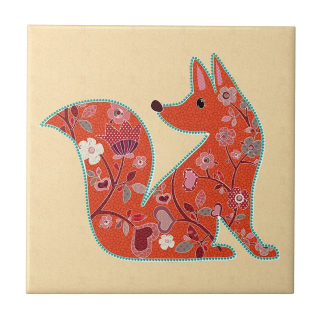 Azulejo De Cerâmica Folk Art Flower Pattern Fox (Frente)