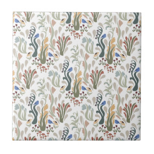 Azulejo De Cerâmica Folk Art Meadow e Blue Bird na Terra Tones