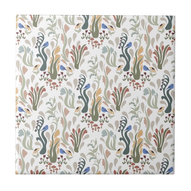 Azulejo De Cerâmica Folk Art Meadow e Blue Bird na Terra Tones (Frente)