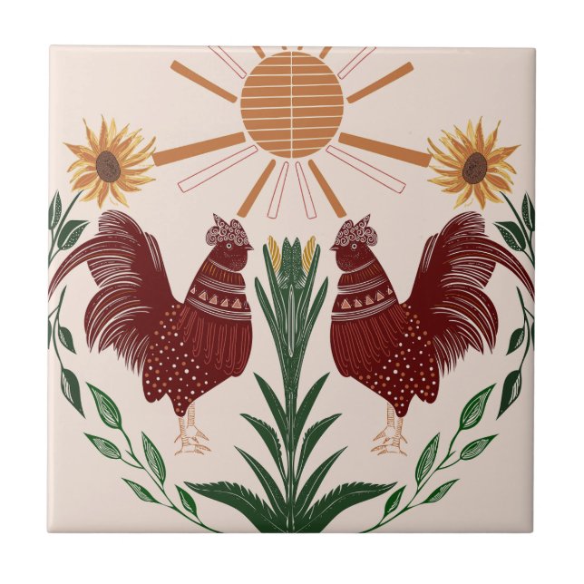 Azulejo De Cerâmica Folk Art Rooster Sunshine Design Simétrico (Frente)