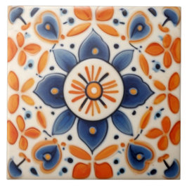Azulejo De Cerâmica Folter Art Floral Laranja & Azul Flor