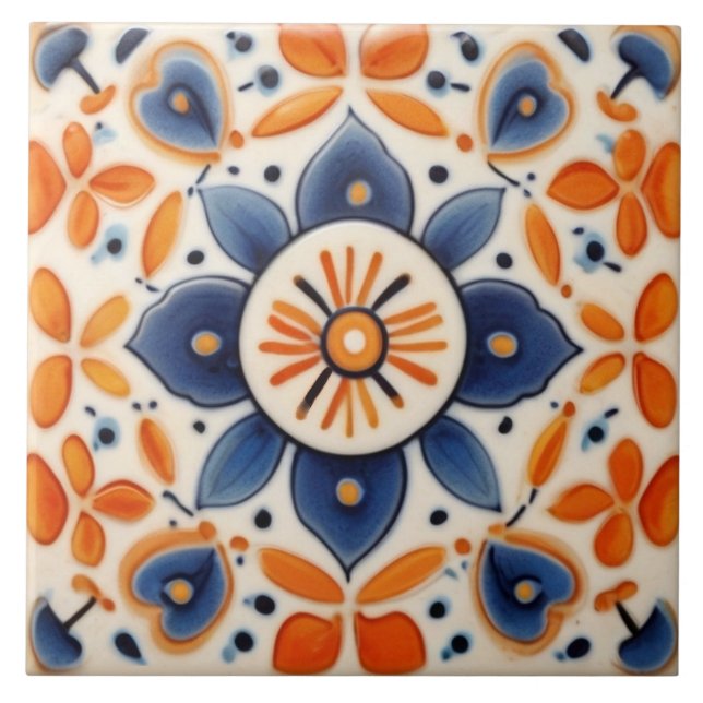 Azulejo De Cerâmica Folter Art Floral Laranja & Azul Flor (Frente)