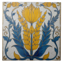Azulejo De Cerâmica Forma Floral Amarela com Folhas Azuis
