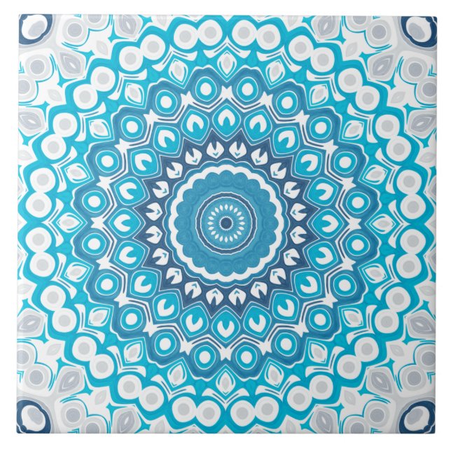 Azulejo De Cerâmica Fosco de Mandala Azul e Branco Geométrico Winter (Frente)